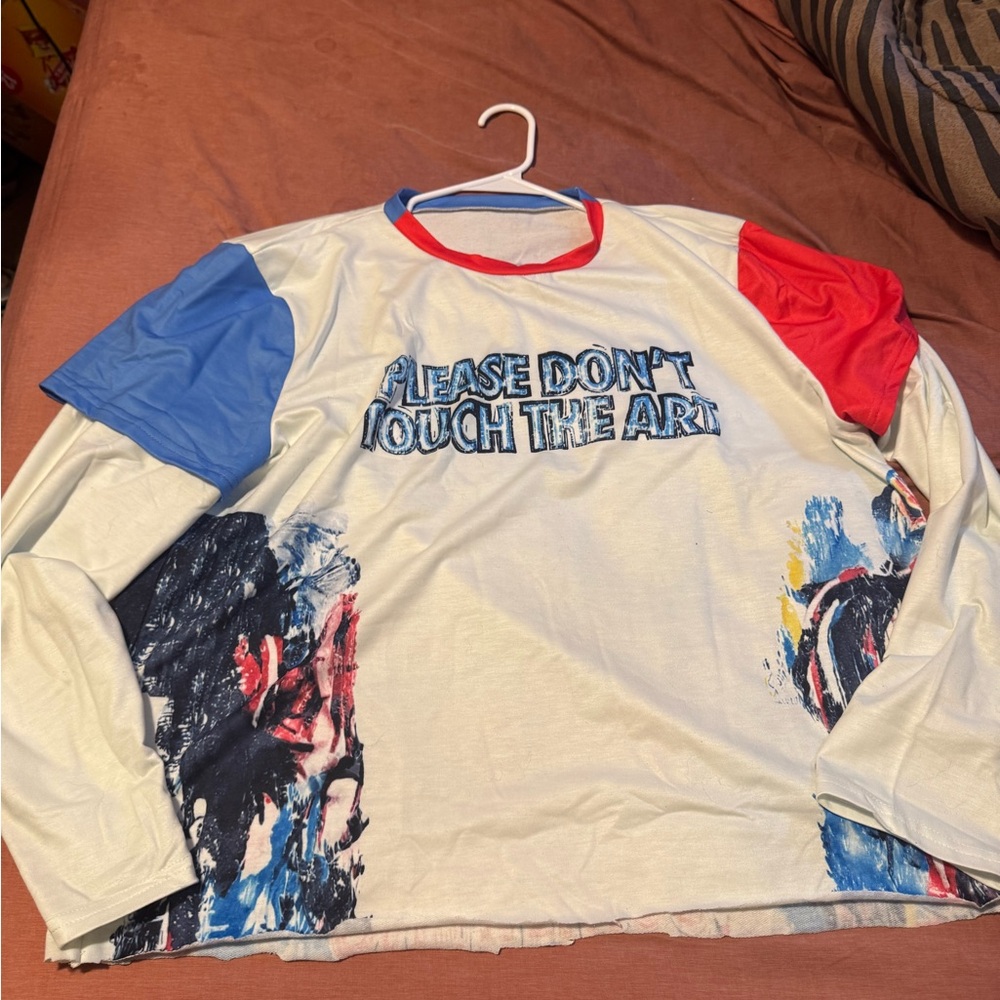 Blue and Red Long Sleeve Tees with Color-Block Design